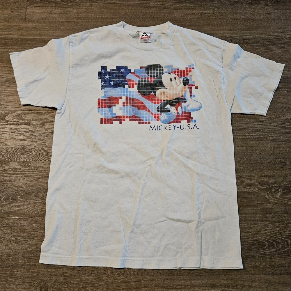 Disney Mickey USA Graphic T Shirt Mens Large White Patriotic American Flag